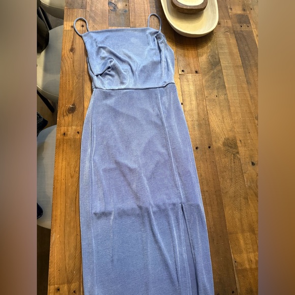 FRIEDA COWL NECK FRONT SPLIT MIDI DRESS SKY BLUE - Picture 4 of 5